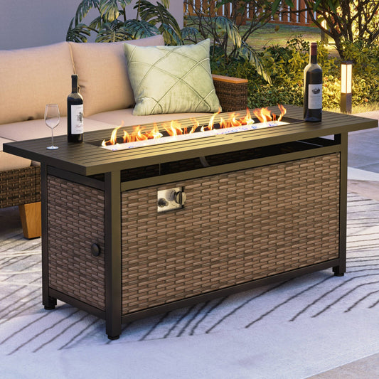 MF Studio 56" Rectangular Gas Fire Pit Table, 50,000 BTU Wicker Propane Fire Pit with Lid & Blue Fire Glass, Black & Brown