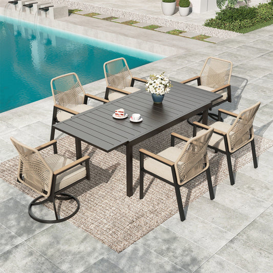 MF Studio 7-Piece Outdoor Patio Dining Set, Patio Extendable Table and Swivel & Fixed All-Weather Rattan Rope Chairs, Black and Beige