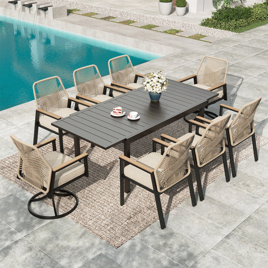 MF Studio 9-Piece Outdoor Patio Dining Set, Patio Extendable Table and Swivel & Fixed All-Weather Rattan Rope Chairs, Black and Beige