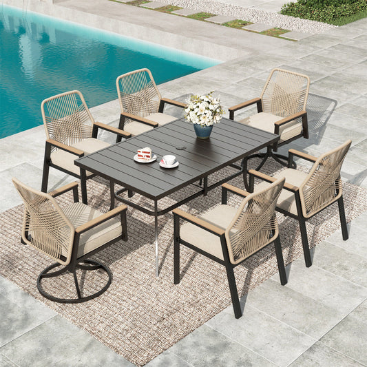 MF Studio 7-Piece Patio Dining Set, All-Weather Rattan Rope Swivel & Fixed Chairs and Rectangular Table with Umbrella Hole, Black and Beige