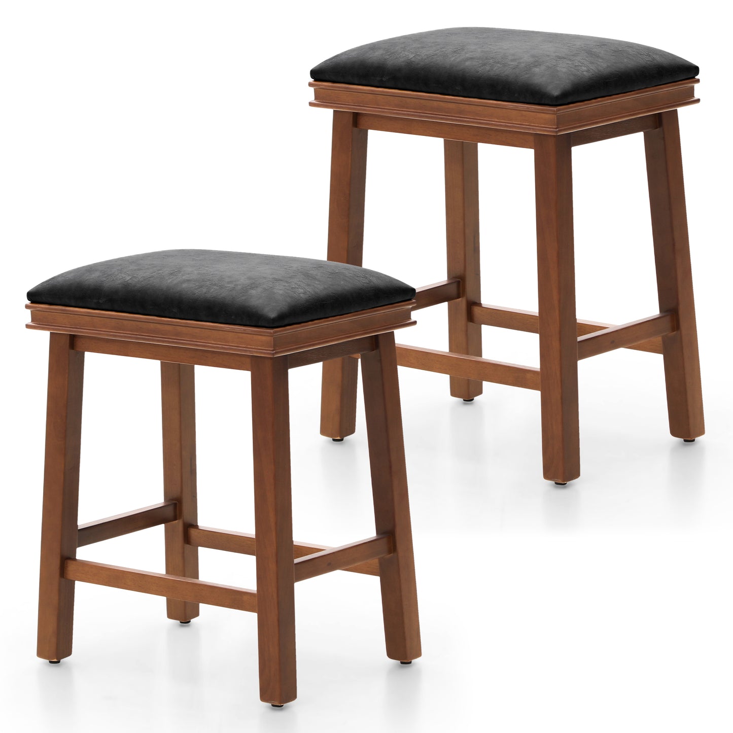 Summit Living 24 Inch Wooden Saddle Bar Stools for Kitchen Counter, Backless Faux Leather Counter Height Stools Set of 2 with Solid Wood Legs , Black