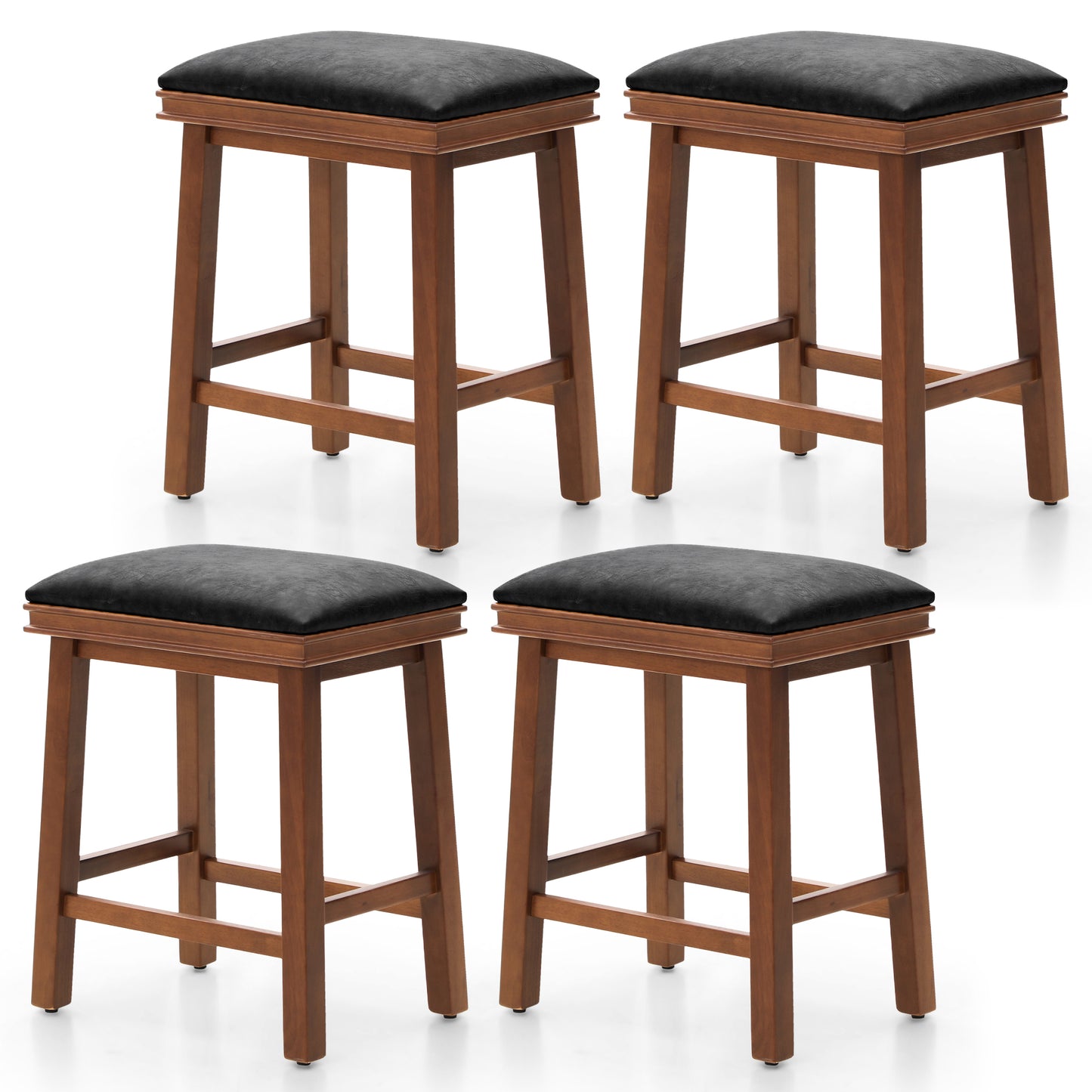 Summit Living 24 Inch Wooden Saddle Bar Stools for Kitchen Counter, Backless Faux Leather Counter Height Stools Set of 2 with Solid Wood Legs , Black