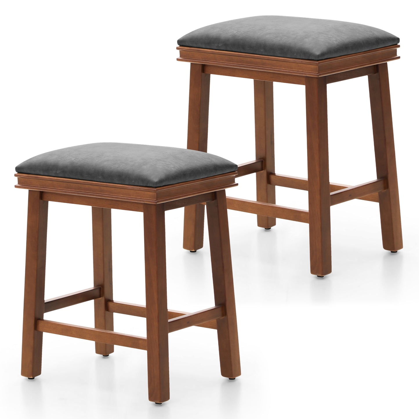 Summit Living 24 Inch Wooden Saddle Bar Stools for Kitchen Counter, Backless Faux Leather Counter Height Stools Set of 2 with Solid Wood Legs , Black