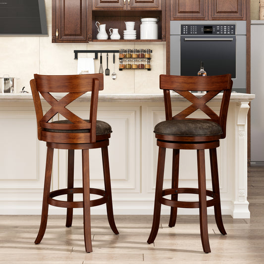 SUMMIT LIVING Wood Swivel Bar Stool Set of 2, Bar Height Kitchen Stool with Open X Back, 30 inch Upholstered Pub Chair, Walnut