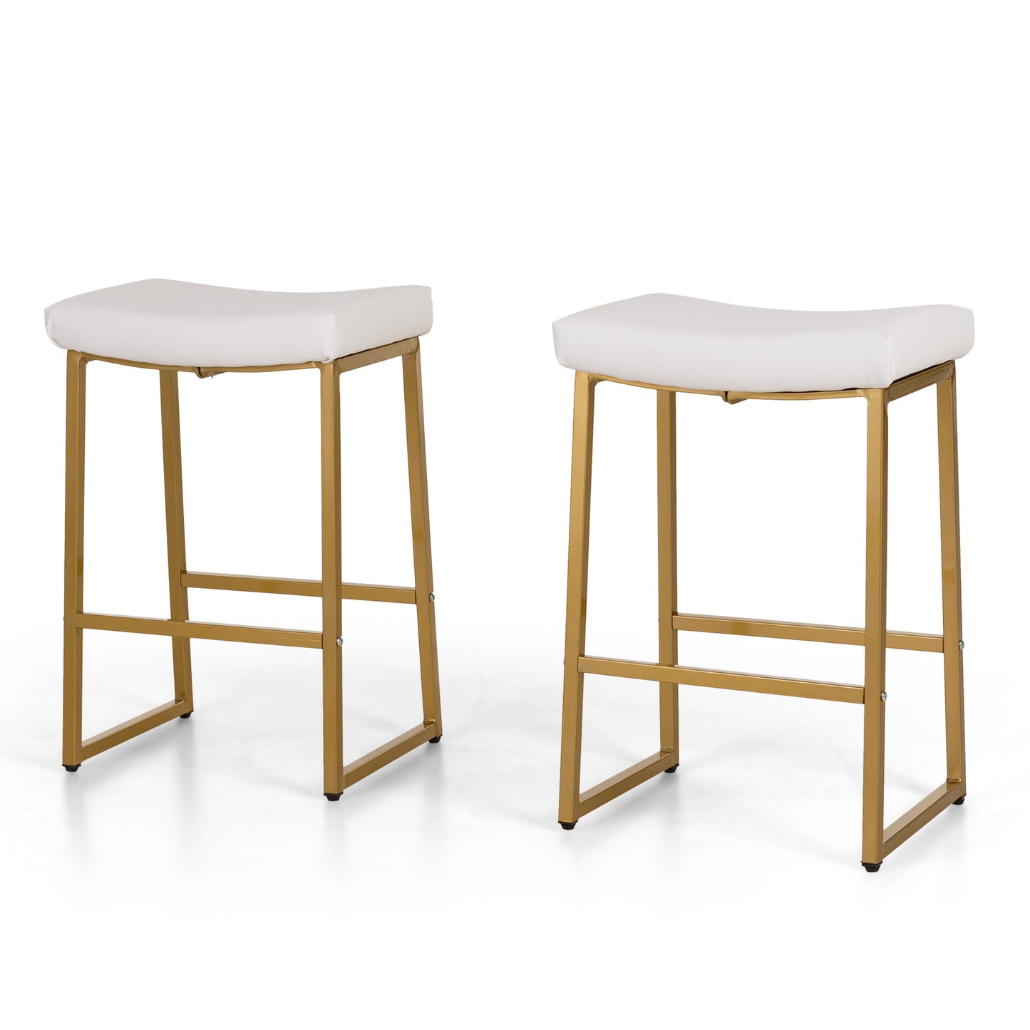 Summit Living 24 Inch Bar Stools Counter Height Saddle Backless Stools for Kitchen Upholstered Faux Leather White & Gold Stools Chairs, Set of 4