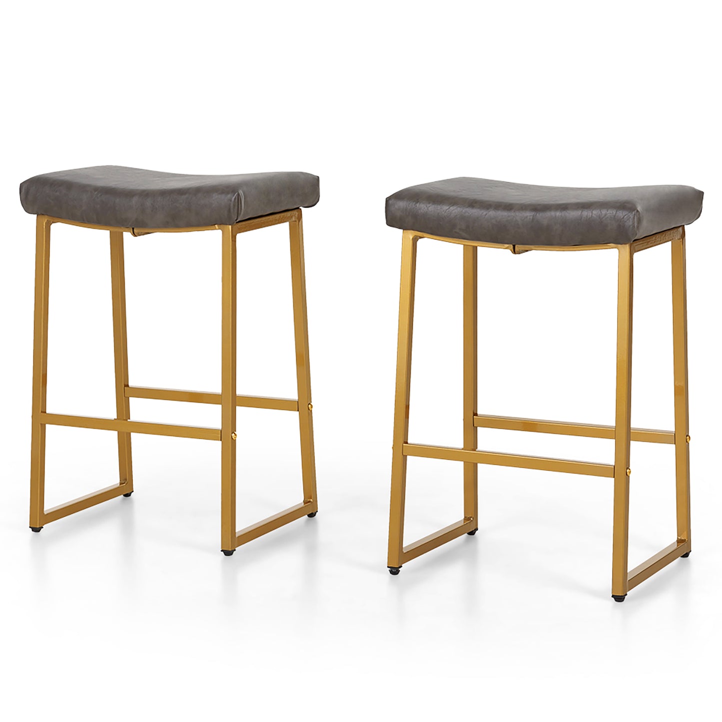 Summit Living 24 Inch Bar Stools Counter Height Saddle Backless Stools for Kitchen Upholstered Faux Leather White & Gold Stools Chairs, Set of 4