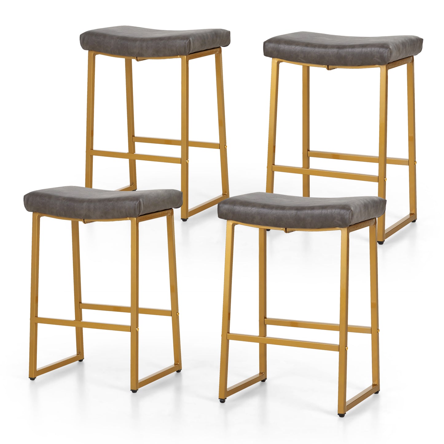 Summit Living 24 Inch Bar Stools Counter Height Saddle Backless Stools for Kitchen Upholstered Faux Leather White & Gold Stools Chairs, Set of 4
