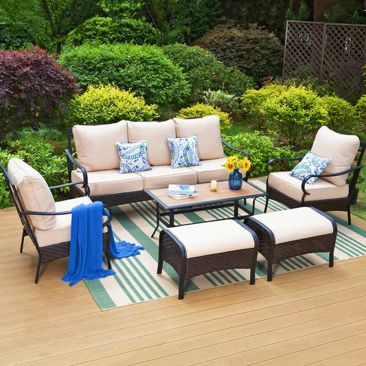 MF Studio 6-piece Outdoor Patio Conversation Set with 3-Seat Sofa, 2 Ottomans & Wood-Like Table, Black & Beige