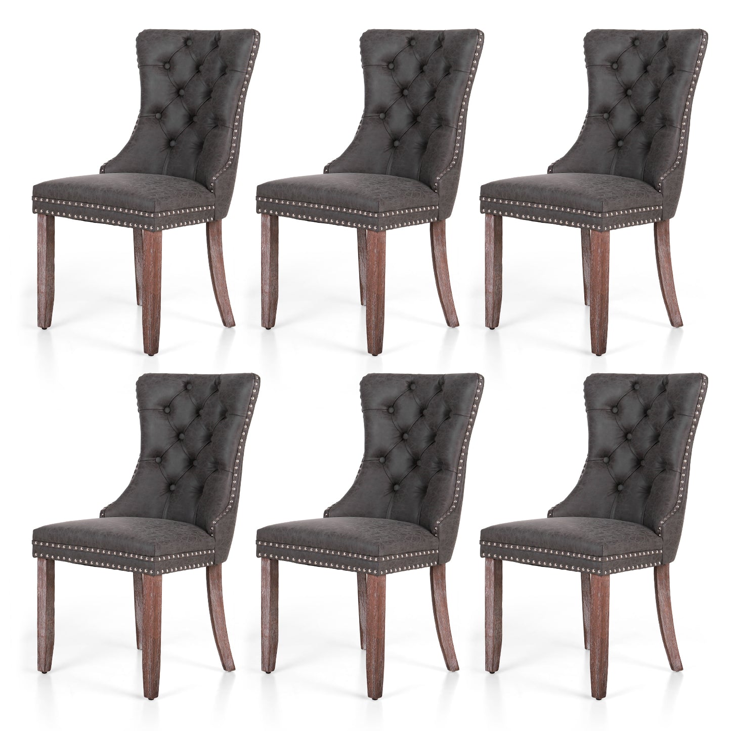 Summit Living Faux Leather Dining Chairs with Solid Wood Legs, Upholstered Button Back Kitchen Dining Room Chairs with Nailhead Trim & Ring Pull Set of 2, Gray