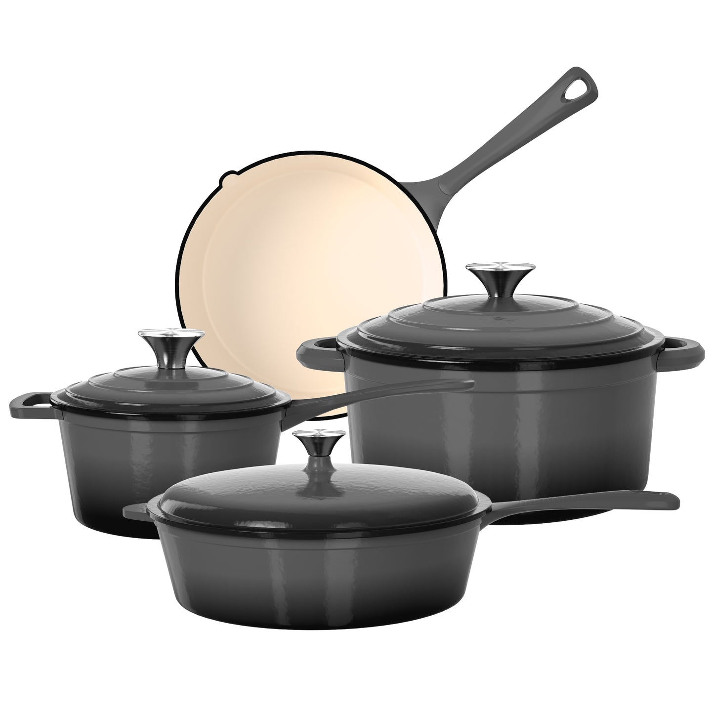 MF Studio 7-Piece Enameled Cast Iron Cookware Sets, Heavy Duty Ceramic Coated Pots and Pans Set, Gray Dutch Ovens Set