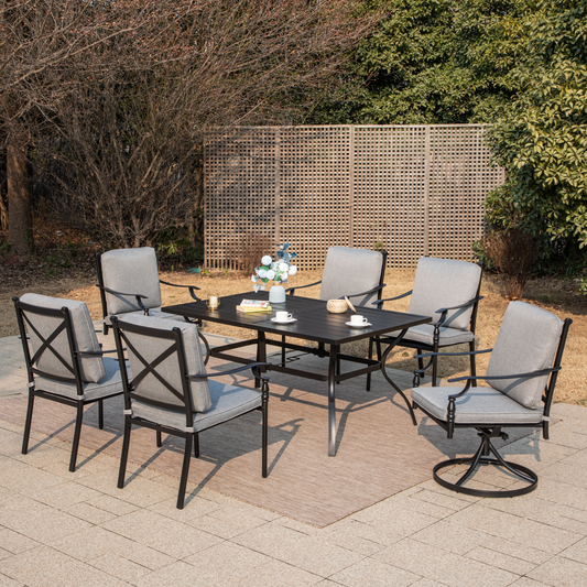 Summit Living Black 7-Piece Metal Outdoor Patio Dining Set with 2 Swivel Chairs, 4 Fixed Chairs & 60” Patio Table with Umbrella Hole for 6, Gray Cushion