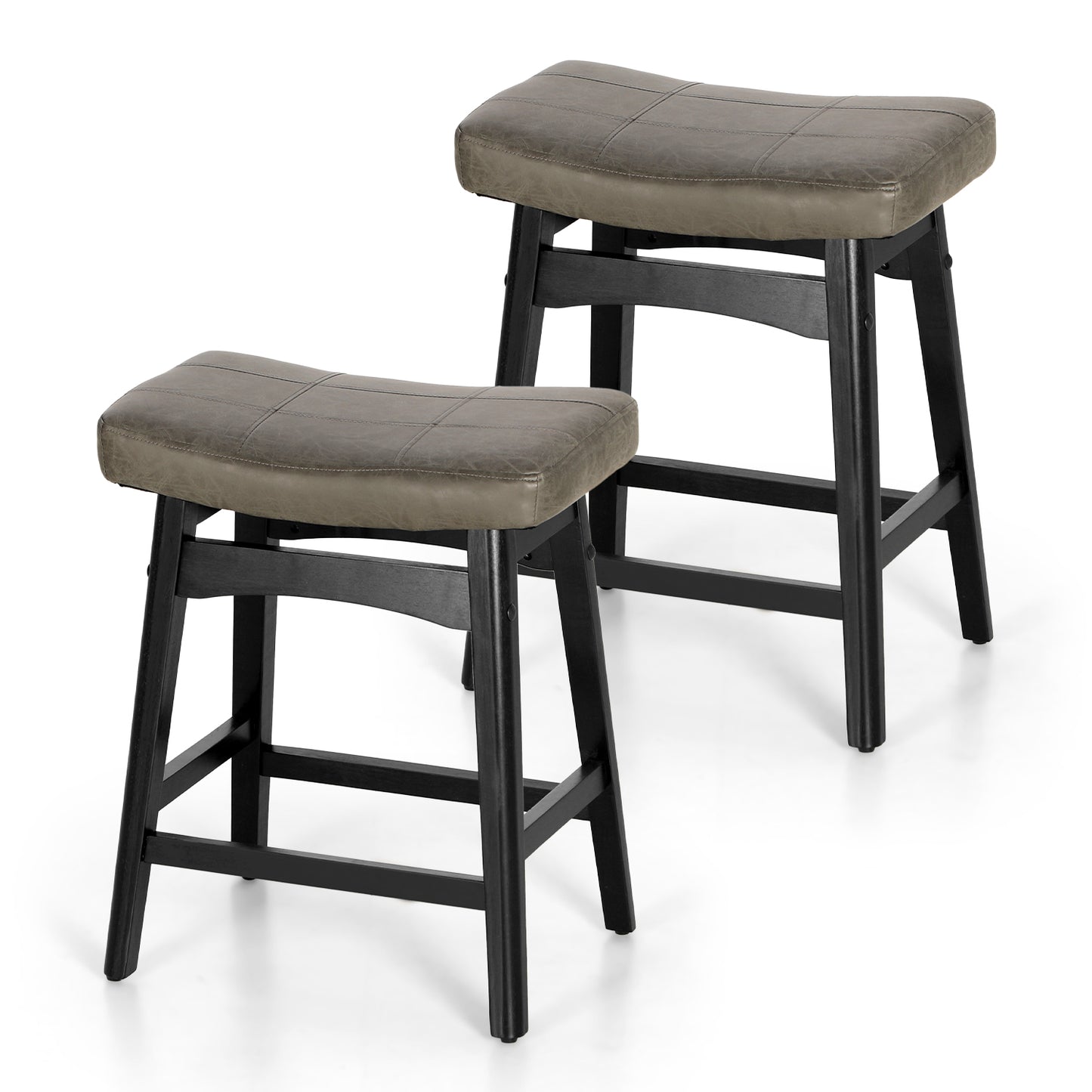 Summit Living 24 Inch Wooden Saddle Bar Stools for Kitchen Counter, Backless Faux Leather Counter Height Stools Set of 2 with Solid Wood Legs , Black