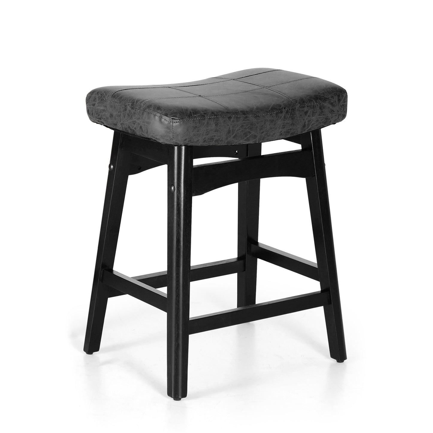 Summit Living 24 Inch Wooden Saddle Bar Stools for Kitchen Counter, Backless Faux Leather Counter Height Stools Set of 2 with Solid Wood Legs , Black