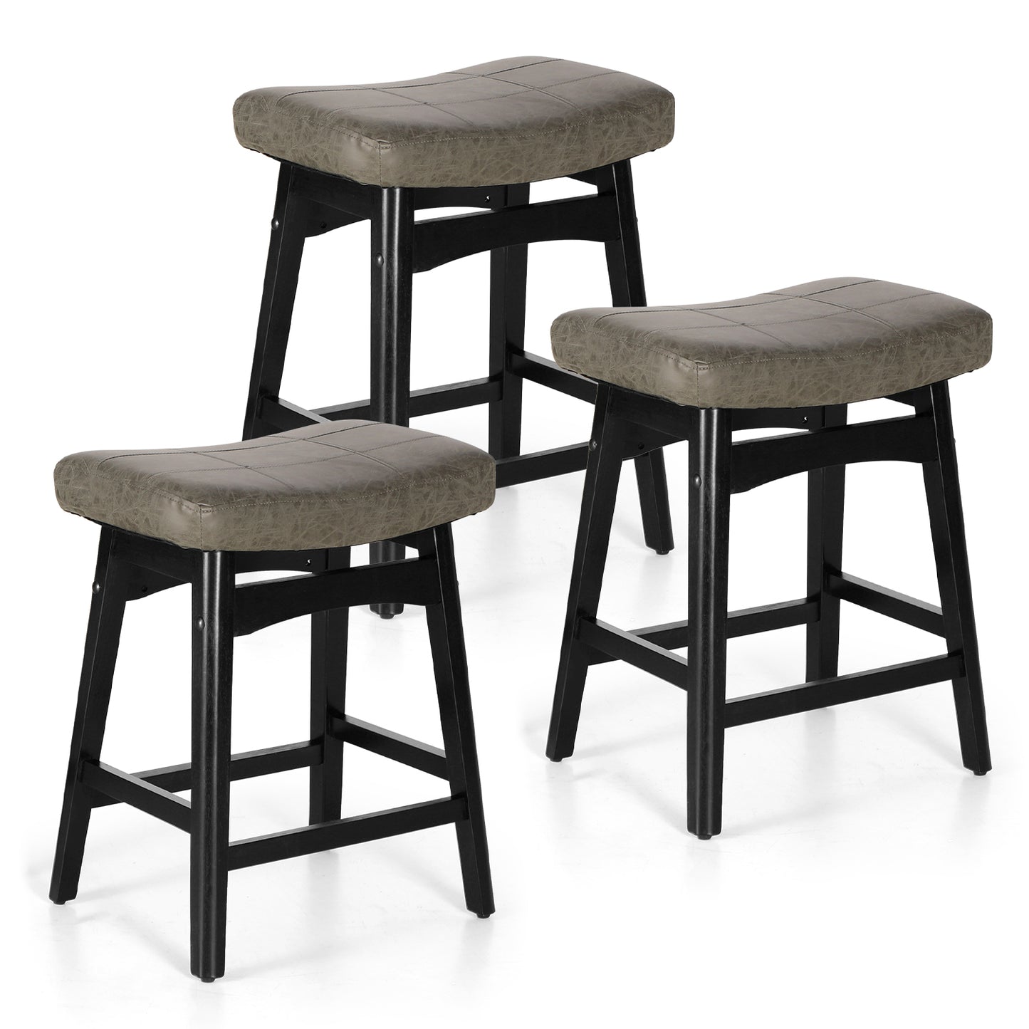 Summit Living 24 Inch Wooden Saddle Bar Stools for Kitchen Counter, Backless Faux Leather Counter Height Stools Set of 2 with Solid Wood Legs , Black