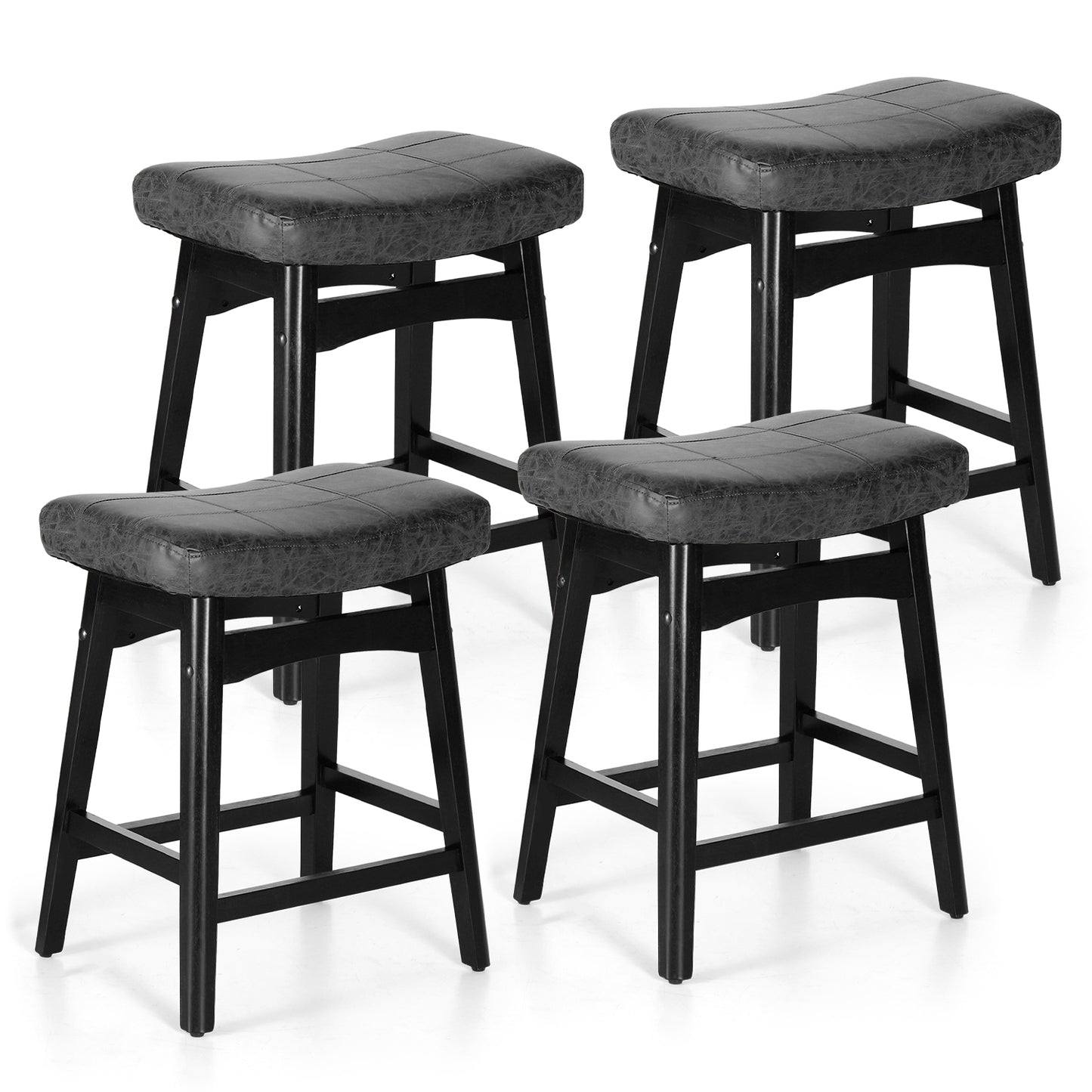Summit Living 24 Inch Wooden Saddle Bar Stools for Kitchen Counter, Backless Faux Leather Counter Height Stools Set of 2 with Solid Wood Legs , Black