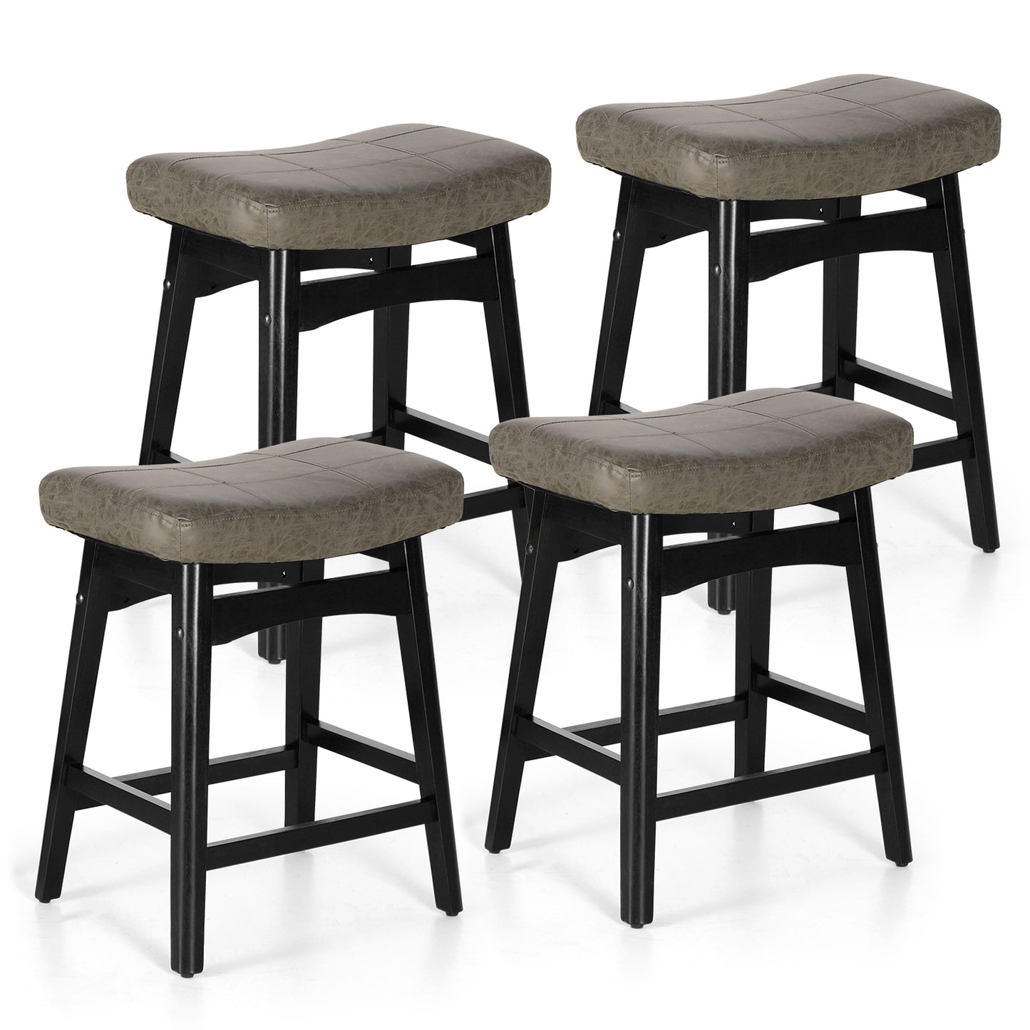 Summit Living 24 Inch Wooden Saddle Bar Stools for Kitchen Counter, Backless Faux Leather Counter Height Stools Set of 2 with Solid Wood Legs , Black