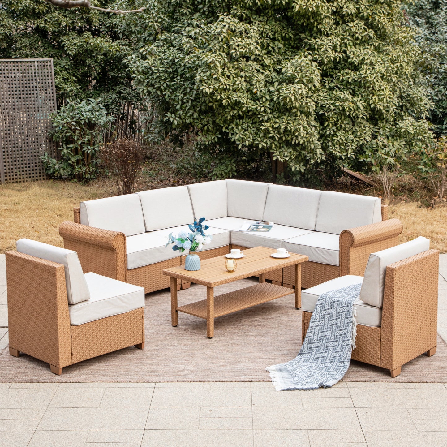 Summit Living 8-Piece Wicker Outdoor Patio Conversation Set with Modular Sofa, Outdoor Sectional Sofa Set with Double-Shelving Faux Wood Coffee Table for 7 People, Beige