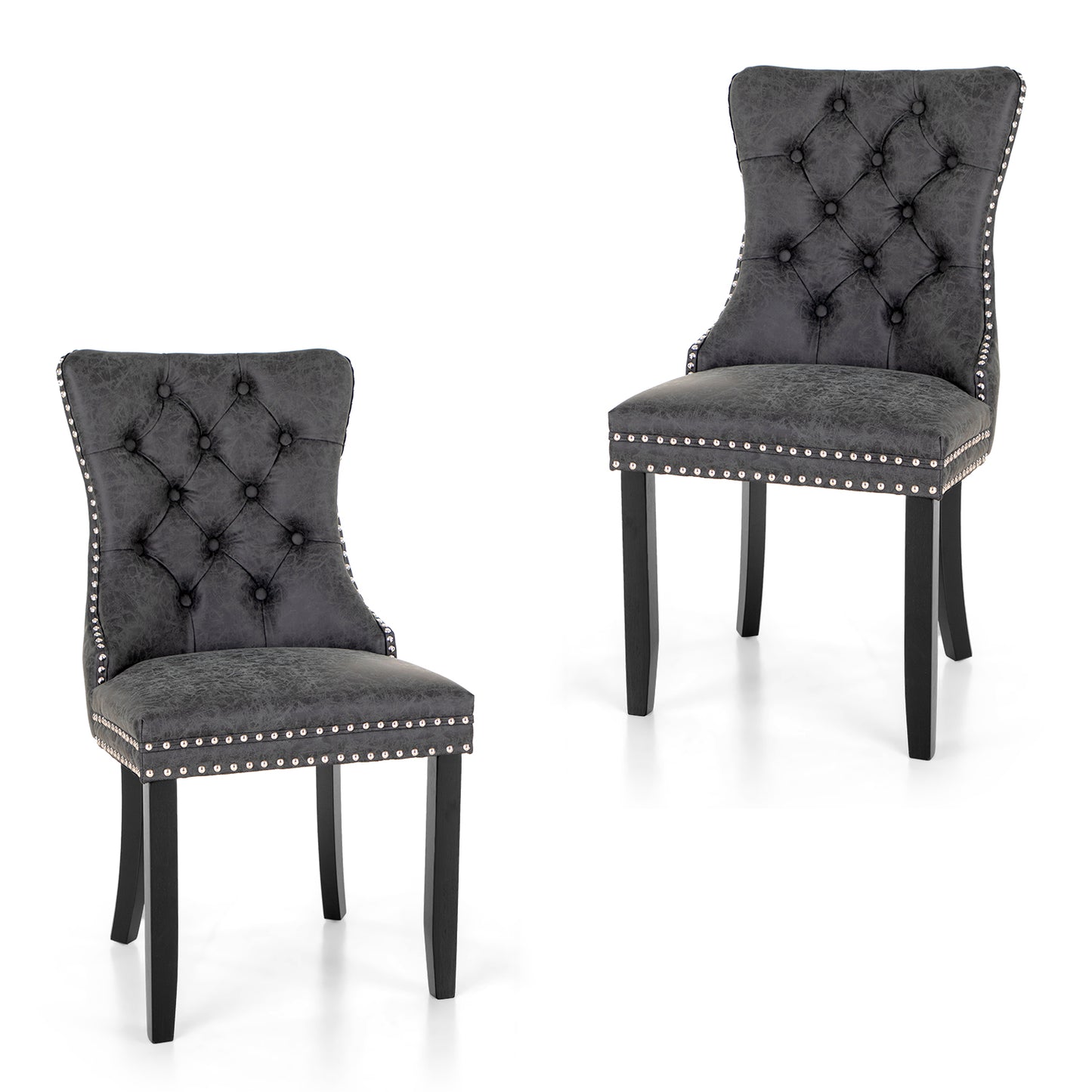 Summit Living Faux Leather Dining Chairs with Solid Wood Legs, Upholstered Button Back Kitchen Dining Room Chairs with Nailhead Trim & Ring Pull Set of 2, Gray
