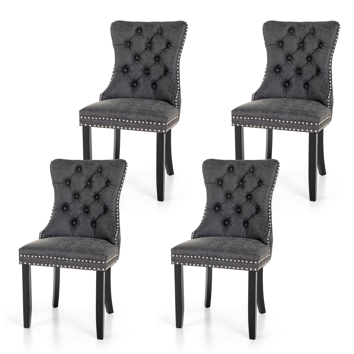 Summit Living Faux Leather Dining Chairs with Solid Wood Legs, Upholstered Button Back Kitchen Dining Room Chairs with Nailhead Trim & Ring Pull Set of 2, Gray