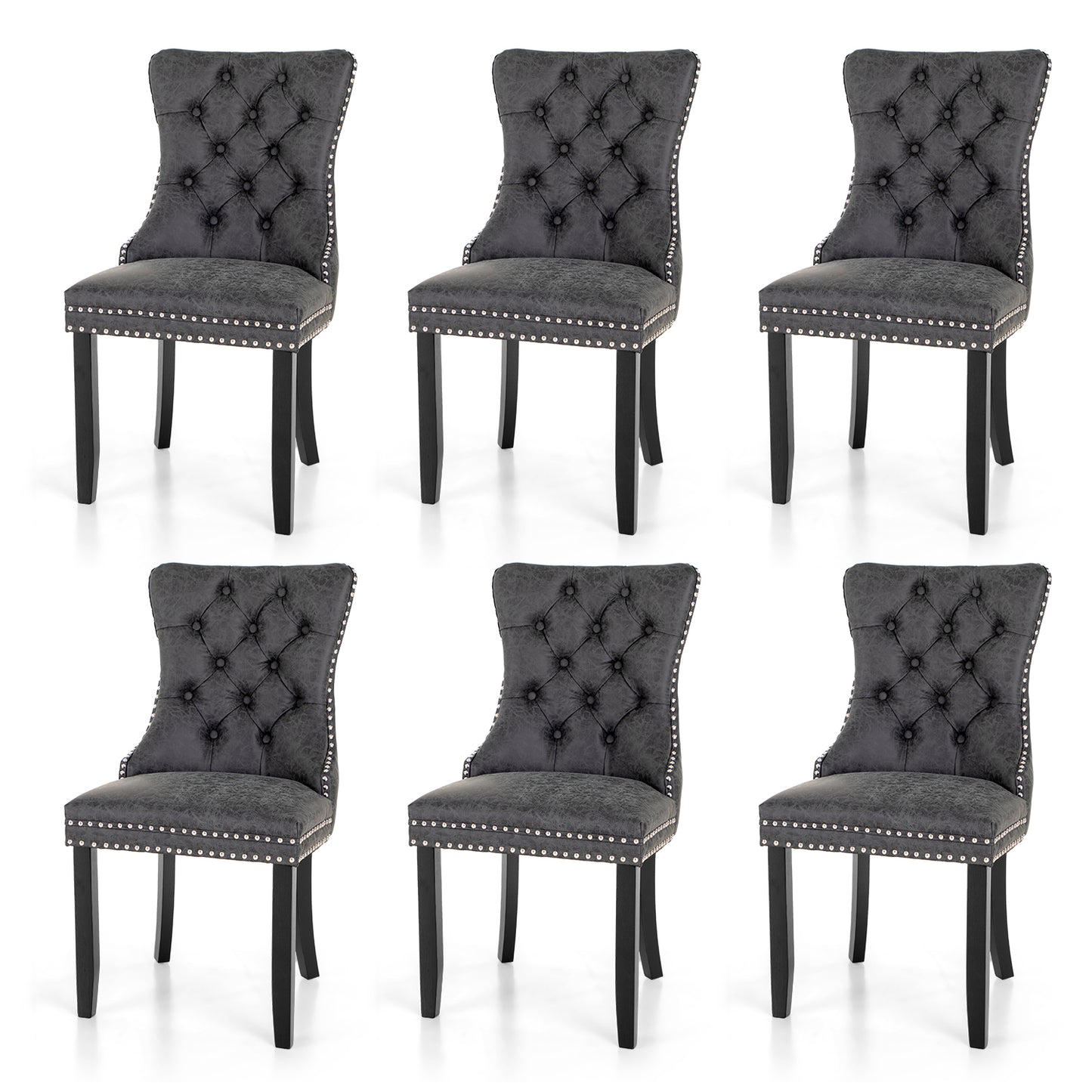 Summit Living Faux Leather Dining Chairs with Solid Wood Legs, Upholstered Button Back Kitchen Dining Room Chairs with Nailhead Trim & Ring Pull Set of 2, Gray