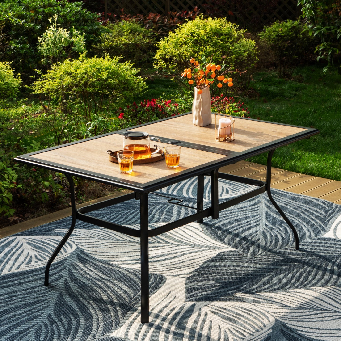 MF Studio 6-Person Patio Dining Table with Wood-look Tabletop & Steel Frame, 2" Umbrella Hole, Black