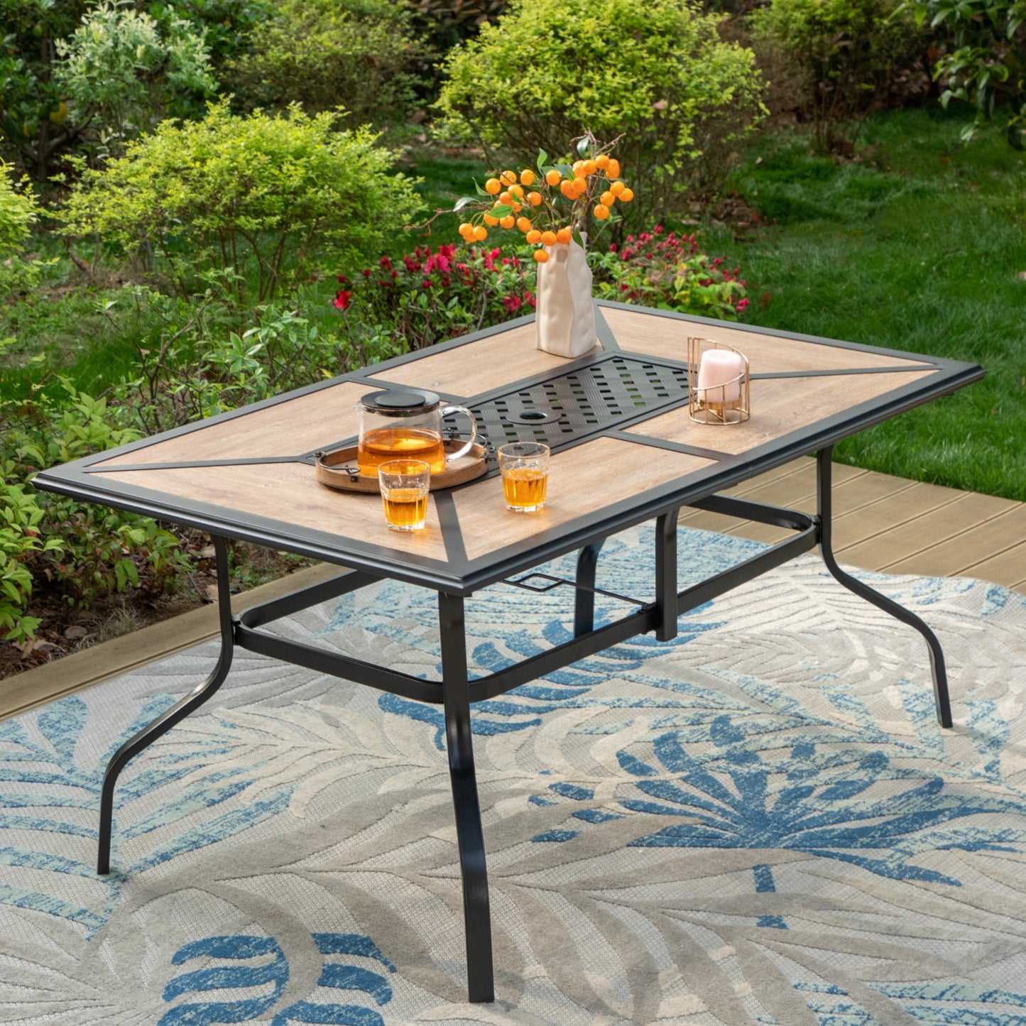 Summit Living Rectangle Patio Dining Table with Faux Wood Top & Umbrella Hole for 6-Person, Black