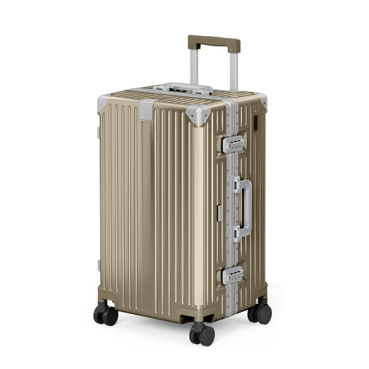 SUMMIT LIVING 24 Inch Checked Trunk Luggage, Lightweight Zipperless PC Hardshell Suitcase with Aluminum Frame, TSA Locks, Spinner Wheels, USB Charging, Champagne Gold