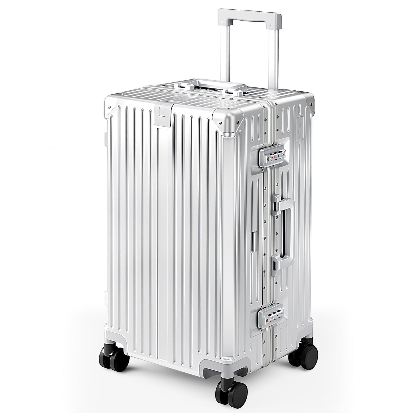 MF Studio 24 Inch Checked Trunk Luggage, Lightweight Zipperless PC Hardshell Suitcase with Aluminum Frame, TSA Locks, Spinner Wheels, USB Charging Port, Silver Gray