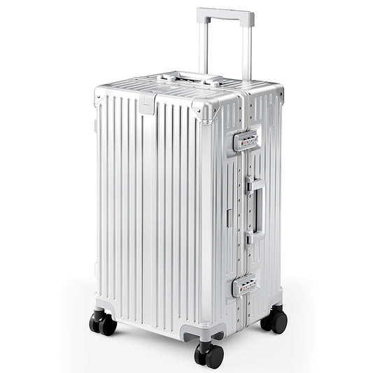 MF Studio 24 Inch Checked Trunk Luggage, Lightweight Zipperless PC Hardshell Suitcase with Aluminum Frame, TSA Locks, Spinner Wheels, USB Charging Port, Silver Gray