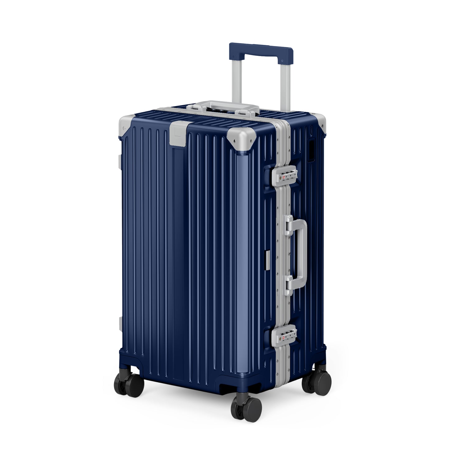 SUMMIT LIVING 24 Inch Checked Trunk Luggage, Lightweight Zipperless PC Hardshell Suitcase with Aluminum Frame, TSA Locks, Spinner Wheels, USB Charging, Navy Blue