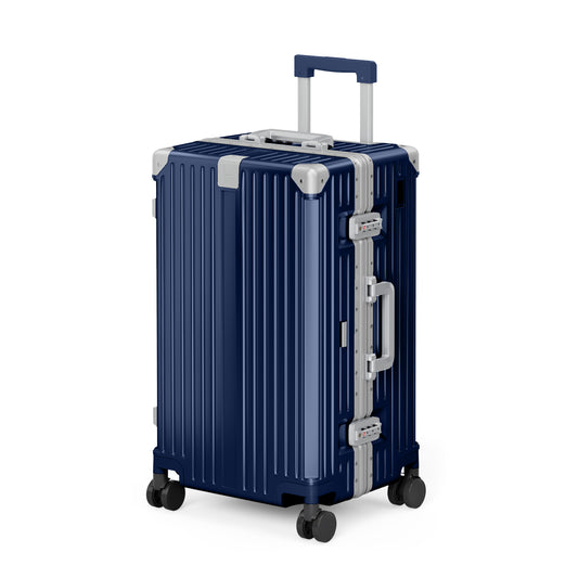 SUMMIT LIVING 24 Inch Checked Trunk Luggage, Lightweight Zipperless PC Hardshell Suitcase with Aluminum Frame, TSA Locks, Spinner Wheels, USB Charging, Navy Blue