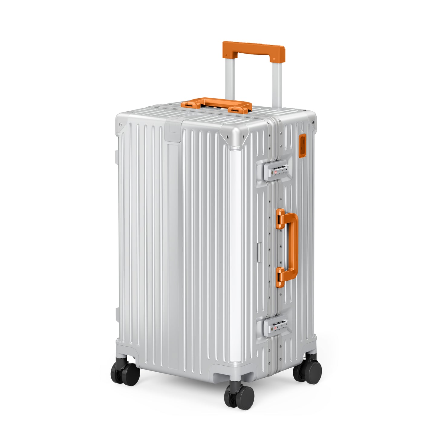 SUMMIT LIVING 24 Inch Checked Trunk Luggage, Lightweight Zipperless PC Hardshell Suitcase with Aluminum Frame, TSA Locks, Spinner Wheels, USB Charging, Silver & Orange