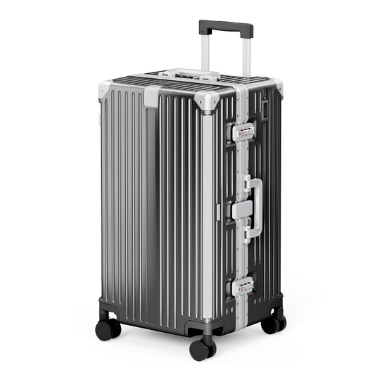 SUMMIT LIVING 26 Inch Checked Trunk Luggage, Lightweight Zipperless PC Hardshell Suitcase with Aluminum Frame, TSA Locks, Spinner Wheels, USB Charging, Black