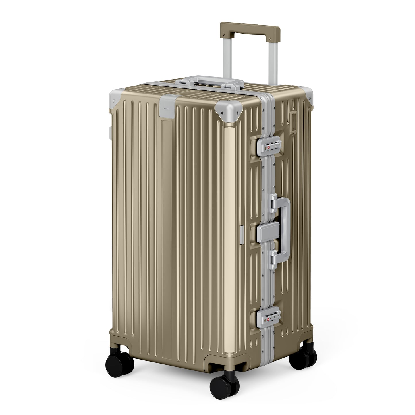 SUMMIT LIVING 26 Inch Checked Trunk Luggage, Lightweight Zipperless PC Hardshell Suitcase with Aluminum Frame, TSA Locks, Spinner Wheels, USB Charging, Champagne Gold