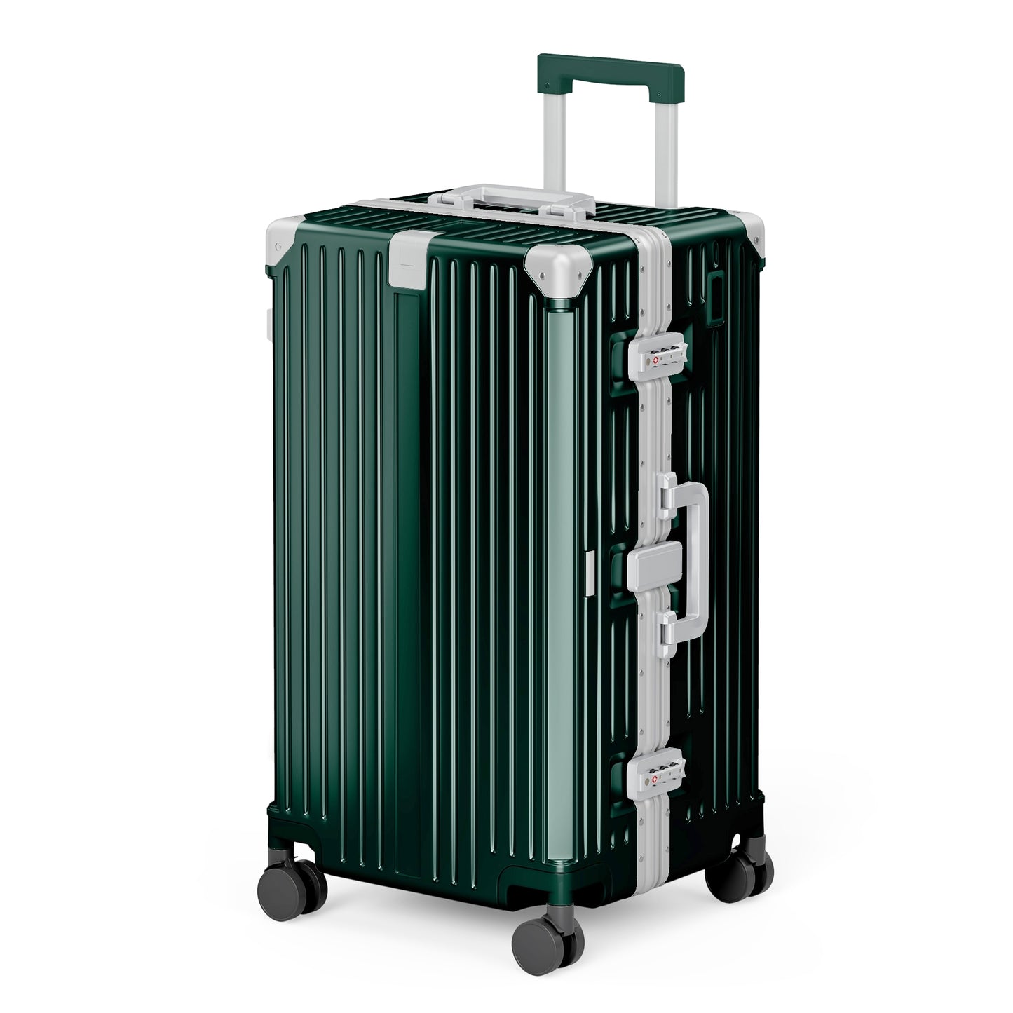 SUMMIT LIVING 26 Inch Checked Trunk Luggage, Lightweight Zipperless PC Hardshell Suitcase with Aluminum Frame, TSA Locks, Spinner Wheels, USB Charging, Emerald Green