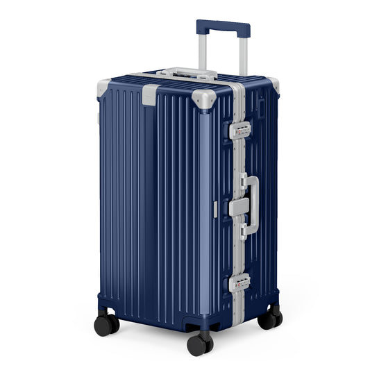 SUMMIT LIVING 26 Inch Checked Trunk Luggage, Lightweight Zipperless PC Hardshell Suitcase with Aluminum Frame, TSA Locks, Spinner Wheels, USB Charging, Navy Blue