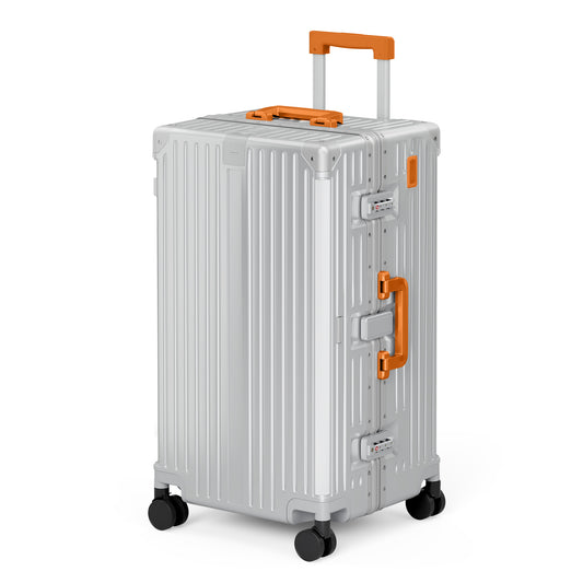 SUMMIT LIVING 26 Inch Checked Trunk Luggage, Lightweight Zipperless PC Hardshell Suitcase with Aluminum Frame, TSA Locks, Spinner Wheels, USB Charging, Silver & Orange