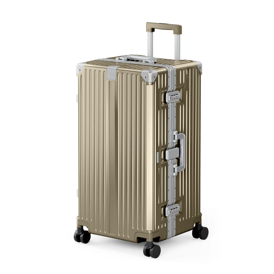 SUMMIT LIVING 28 Inch Checked Trunk Luggage, Lightweight Zipperless PC Hardshell Suitcase with Aluminum Frame, TSA Locks, Spinner Wheels, USB Charging, Champagne Gold