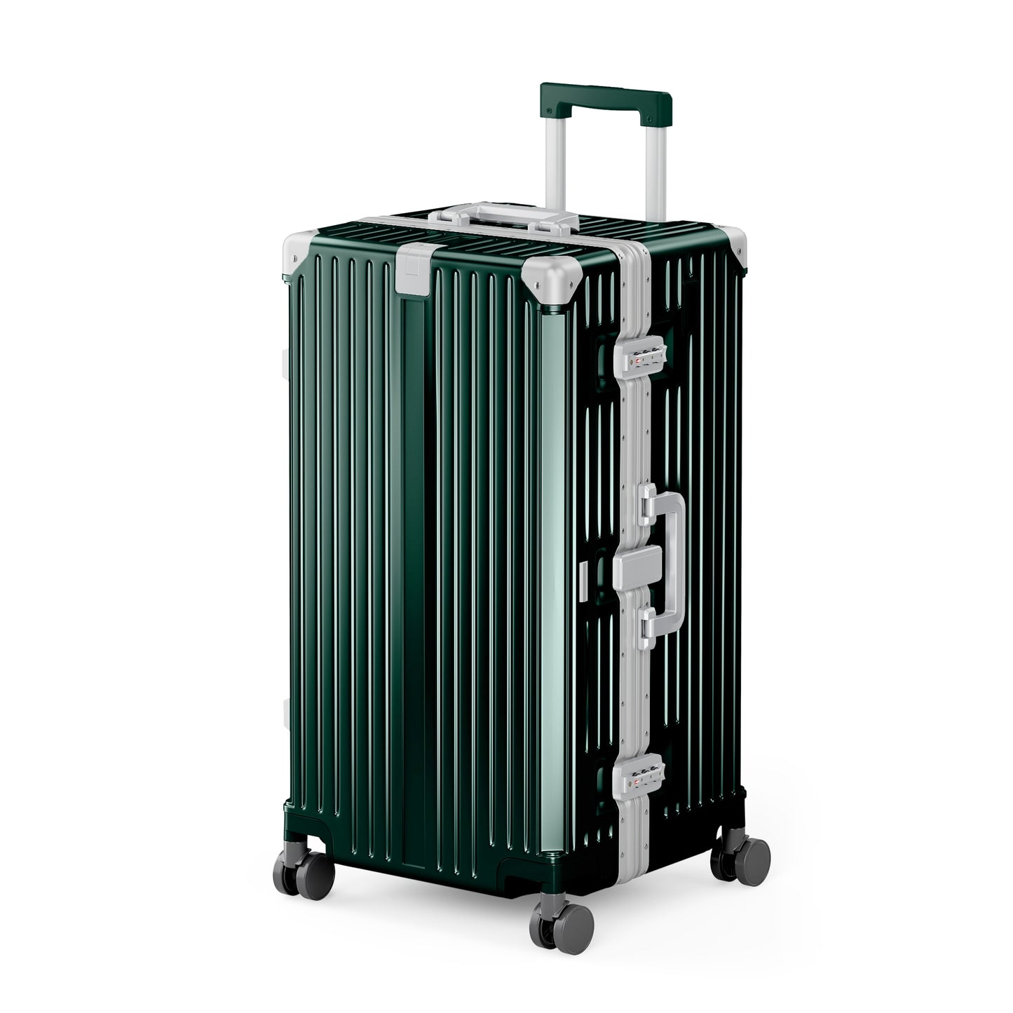 SUMMIT LIVING 28 Inch Checked Trunk Luggage, Lightweight Zipperless PC Hardshell Suitcase with Aluminum Frame, TSA Locks, Spinner Wheels, USB Charging, Emerald Green