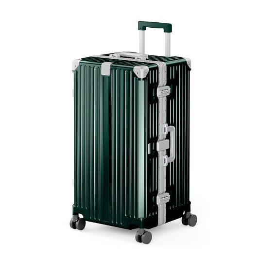 SUMMIT LIVING 28 Inch Checked Trunk Luggage, Lightweight Zipperless PC Hardshell Suitcase with Aluminum Frame, TSA Locks, Spinner Wheels, USB Charging, Emerald Green