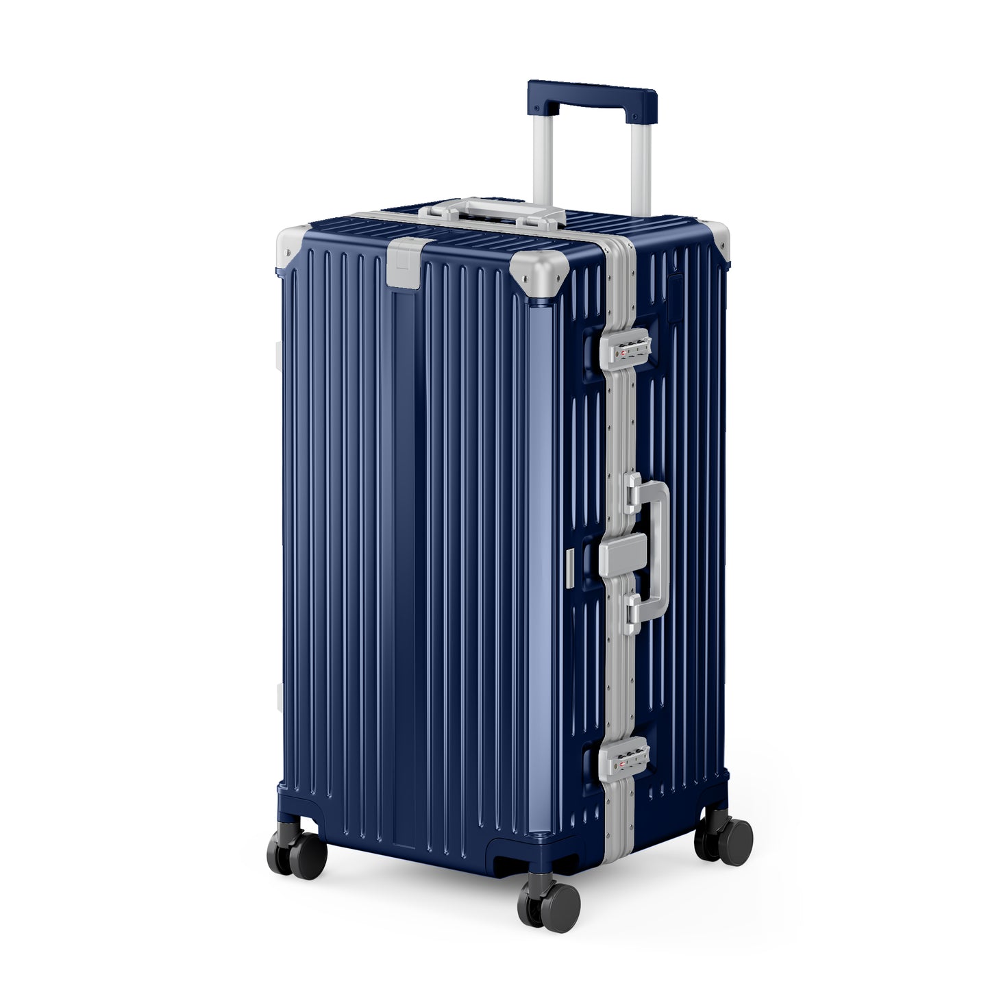 SUMMIT LIVING 28 Inch Checked Trunk Luggage, Lightweight Zipperless PC Hardshell Suitcase with Aluminum Frame, TSA Locks, Spinner Wheels, USB Charging, Navy Blue