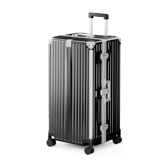 SUMMIT LIVING 30 Inch Checked Trunk Luggage, Lightweight Zipperless PC Hardshell Suitcase with Aluminum Frame, TSA Locks, Spinner Wheels, USB Charging, Black