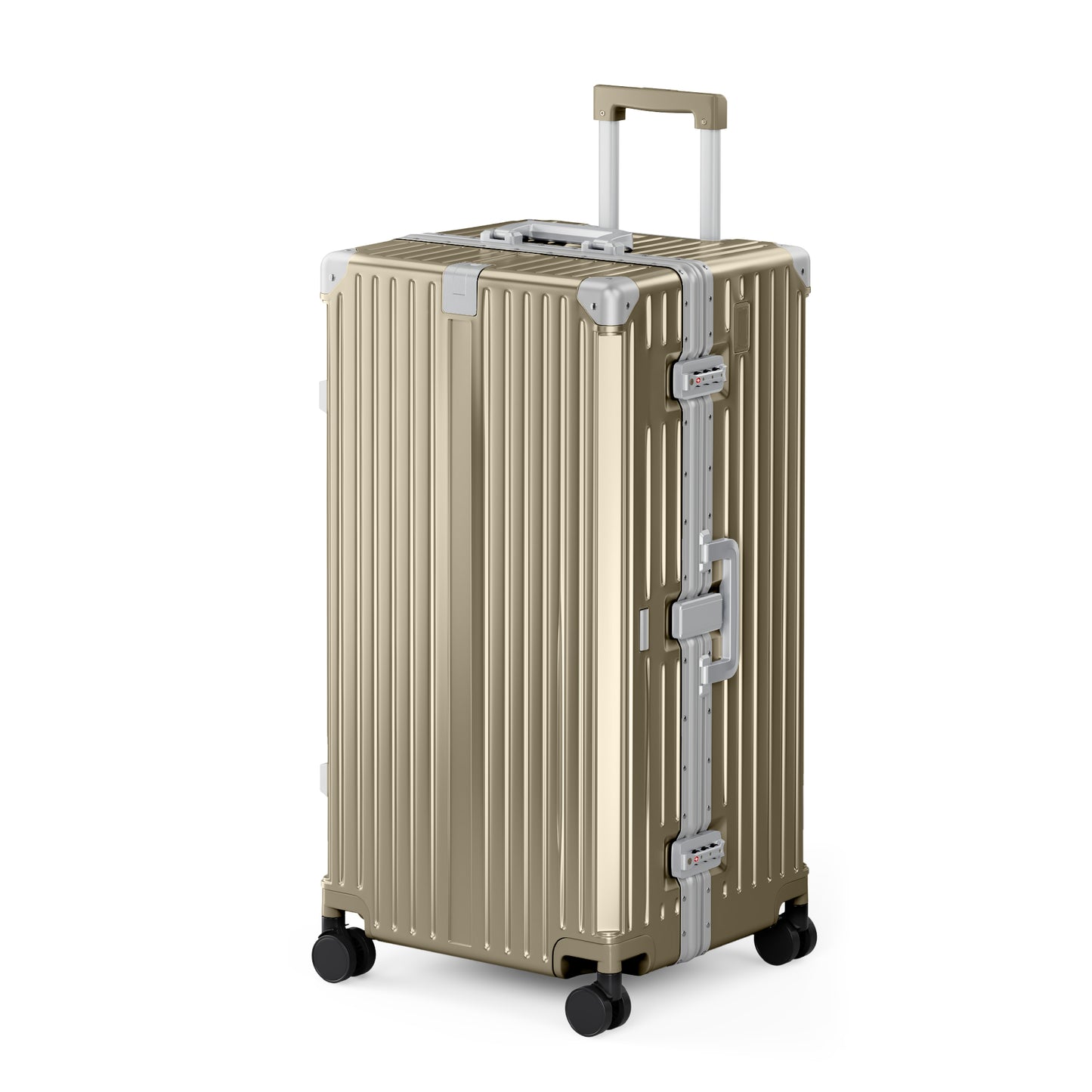 SUMMIT LIVING 30 Inch Checked Trunk Luggage, Lightweight Zipperless PC Hardshell Suitcase with Aluminum Frame, TSA Locks, Spinner Wheels, USB Charging, Champagne Gold