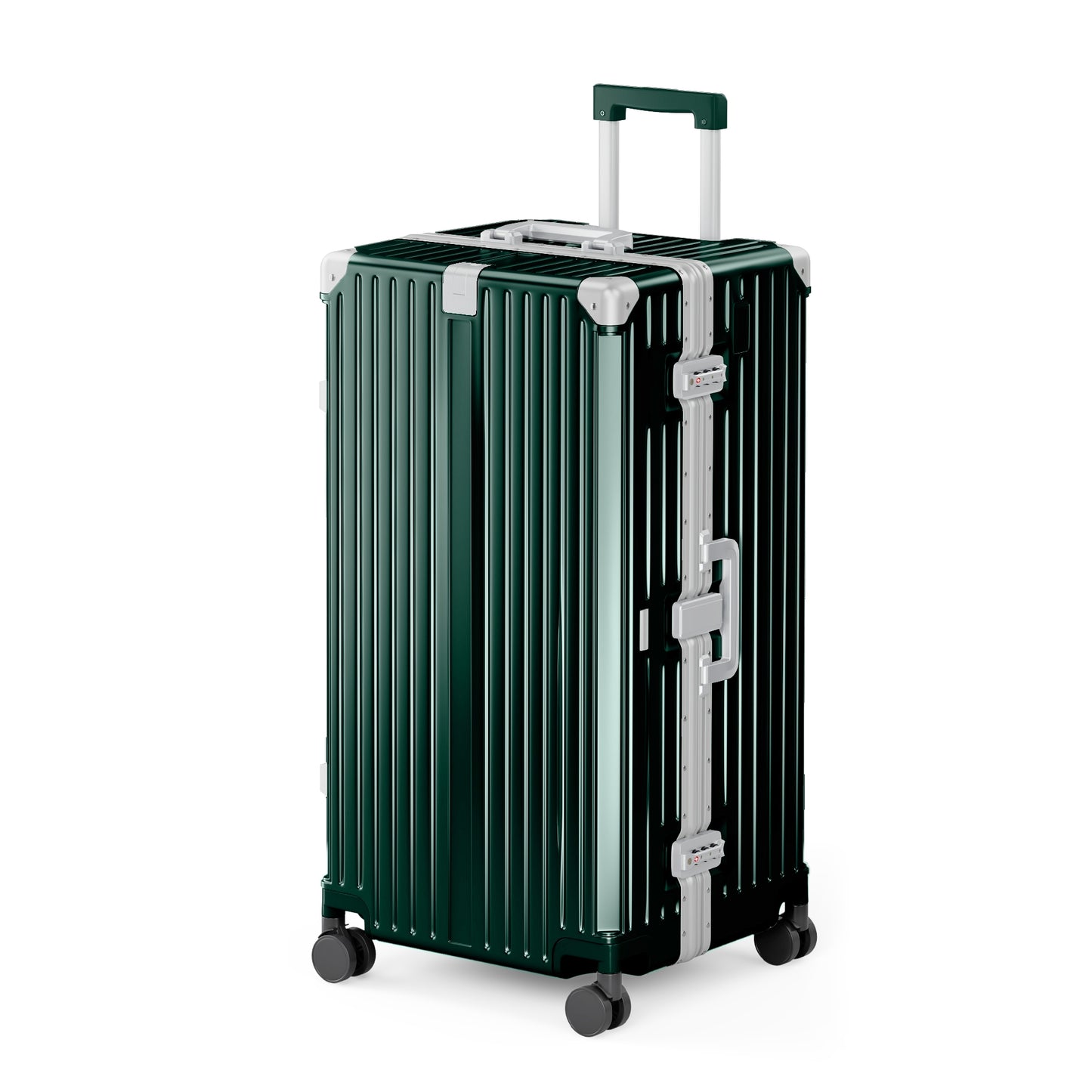 SUMMIT LIVING 30 Inch Checked Trunk Luggage, Lightweight Zipperless PC Hardshell Suitcase with Aluminum Frame, TSA Locks, Spinner Wheels, USB Charging, Emerald Green