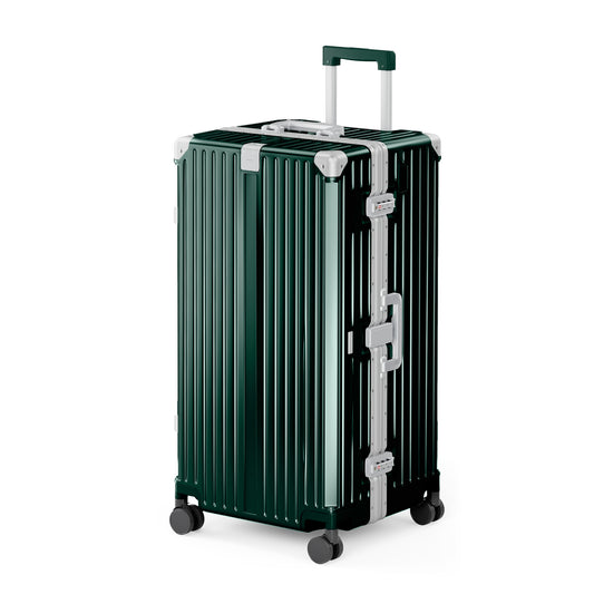 SUMMIT LIVING 30 Inch Checked Trunk Luggage, Lightweight Zipperless PC Hardshell Suitcase with Aluminum Frame, TSA Locks, Spinner Wheels, USB Charging, Emerald Green
