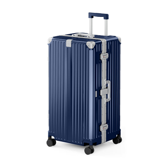 SUMMIT LIVING 30 Inch Checked Trunk Luggage, Lightweight Zipperless PC Hardshell Suitcase with Aluminum Frame, TSA Locks, Spinner Wheels, USB Charging, Navy Blue