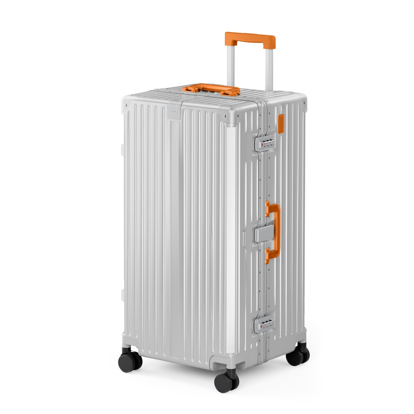 SUMMIT LIVING 30 Inch Checked Trunk Luggage, Lightweight Zipperless PC Hardshell Suitcase with Aluminum Frame, TSA Locks, Spinner Wheels, USB Charging, Silver & Orange