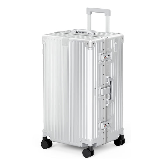 MF Studio 26 Inch Checked Trunk Luggage, Lightweight Zipperless PC Hardshell Suitcase with Aluminum Frame, TSA Locks, Spinner Wheels, USB Charging Port, Silver Gray