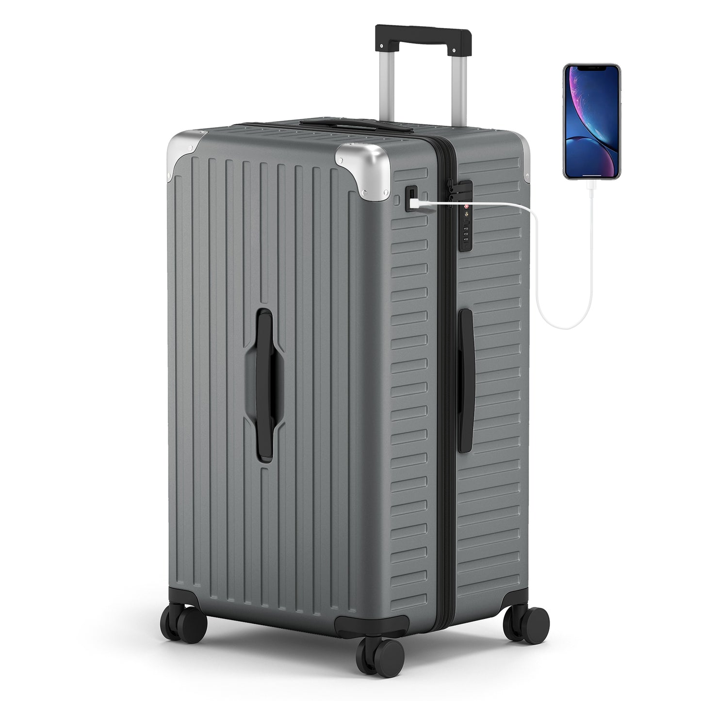 SUMMIT LIVING 28 inch Checked Luggage, Hardshell Trunk Suitcase with Lightweight PC, Aluminum Handle & Protector, TSA locks, Spinner Wheels, USB Charging Port, Dark Gray