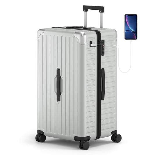 SUMMIT LIVING 28 inch Checked Luggage, Hardshell Trunk Suitcase with Lightweight PC, Aluminum Handle & Protector, TSA locks, Spinner Wheels, USB Charging Port, Silver Gray